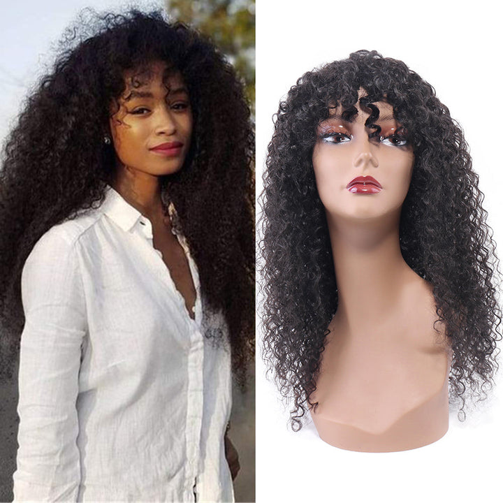 Curly Wave Human Hair Wigs with Bangs Virgin Deep Curly None Lace Front Wigs For Black Women Glueless Machine Made Wigs Natural Black 180% Density