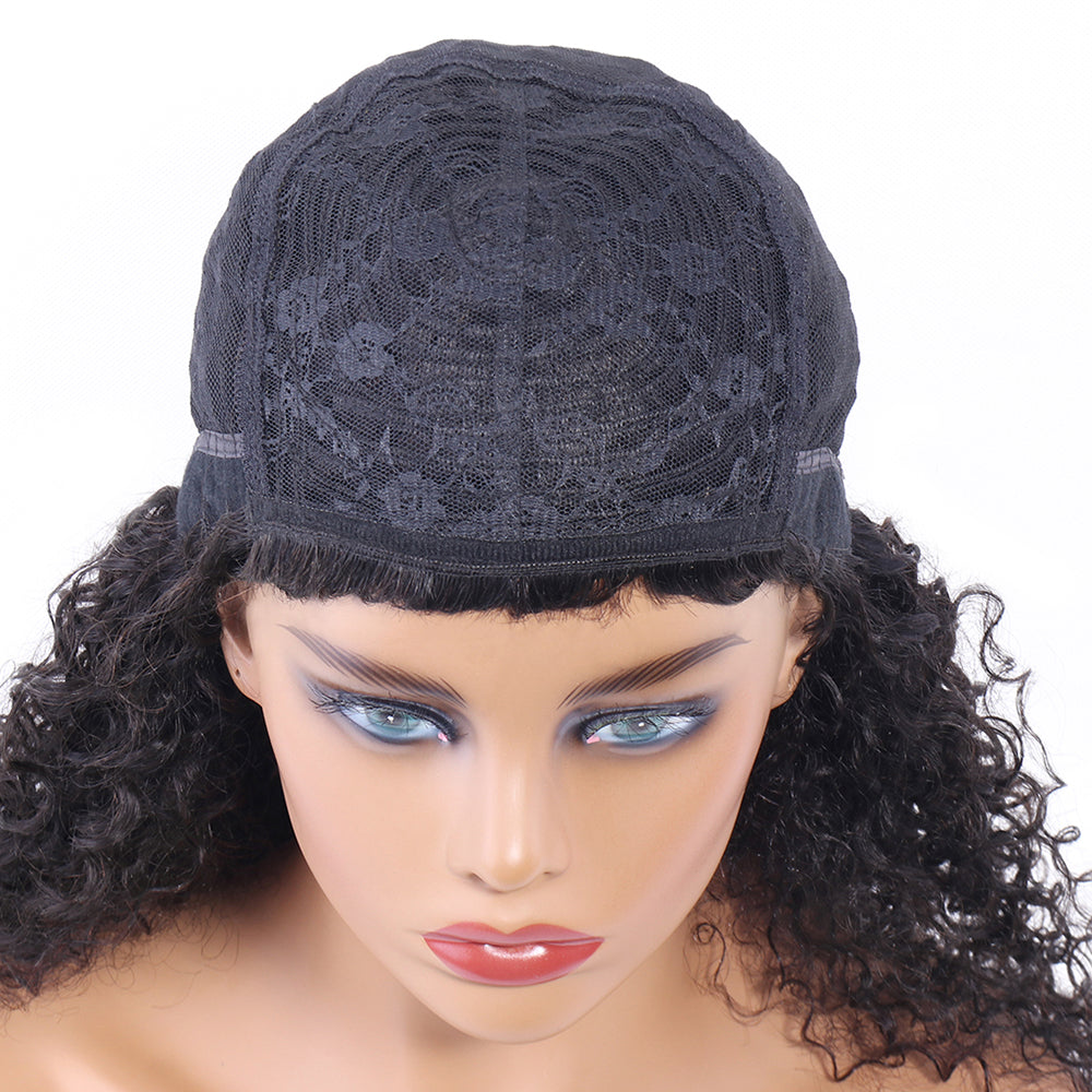 Curly Wave Human Hair Wigs with Bangs Virgin Deep Curly None Lace Front Wigs For Black Women Glueless Machine Made Wigs Natural Black 180% Density