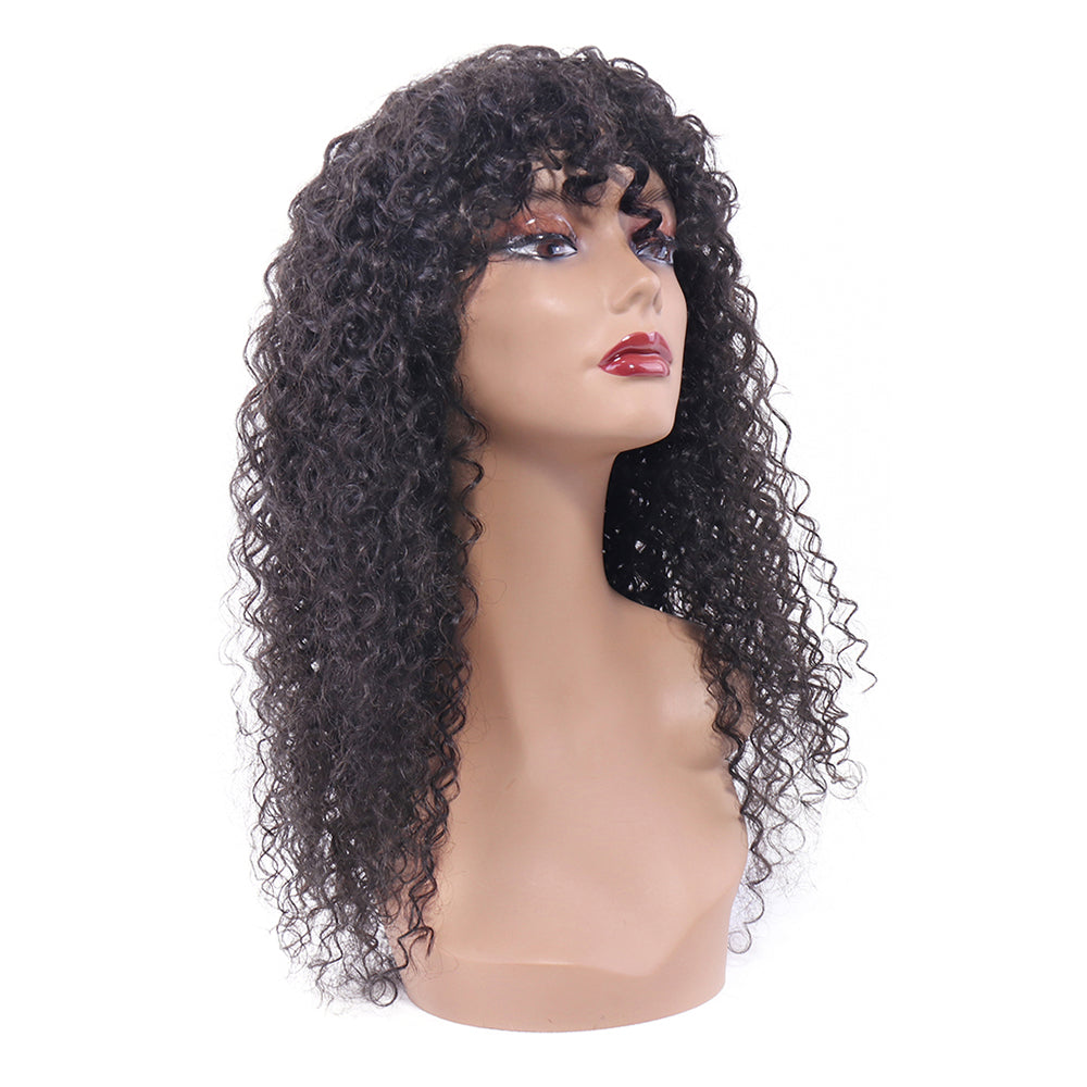 Curly Wave Human Hair Wigs with Bangs Virgin Deep Curly None Lace Front Wigs For Black Women Glueless Machine Made Wigs Natural Black 180% Density
