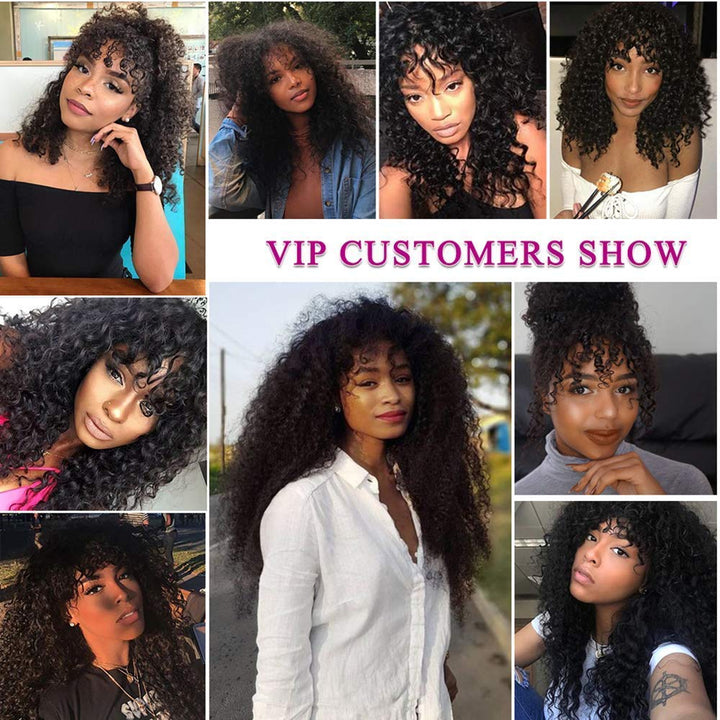 Curly Wave Human Hair Wigs with Bangs Virgin Deep Curly None Lace Front Wigs For Black Women Glueless Machine Made Wigs Natural Black 180% Density