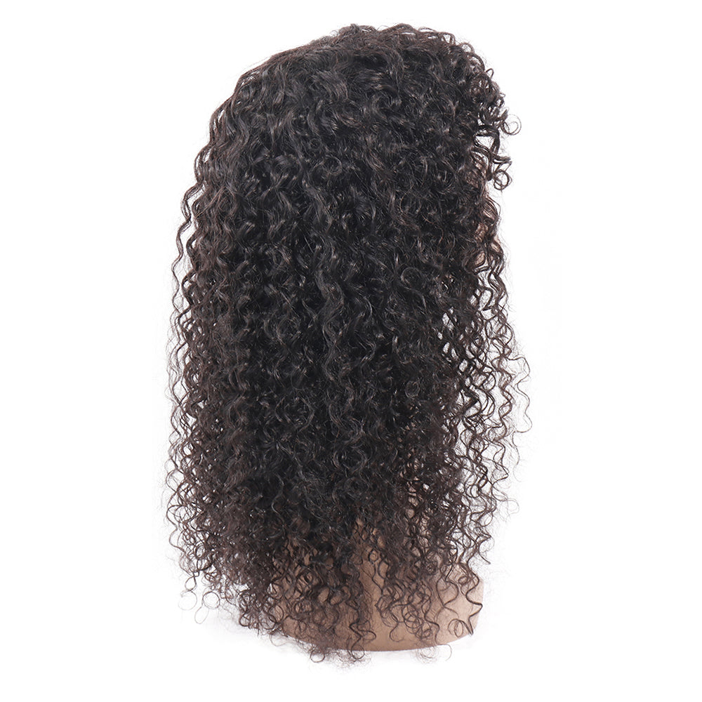 Curly Wave Human Hair Wigs with Bangs Virgin Deep Curly None Lace Front Wigs For Black Women Glueless Machine Made Wigs Natural Black 180% Density