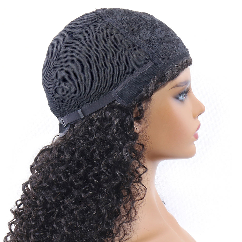 Curly Wave Human Hair Wigs with Bangs Virgin Deep Curly None Lace Front Wigs For Black Women Glueless Machine Made Wigs Natural Black 180% Density