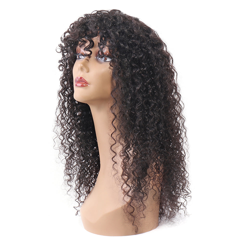 Curly Wave Human Hair Wigs with Bangs Virgin Deep Curly None Lace Front Wigs For Black Women Glueless Machine Made Wigs Natural Black 180% Density
